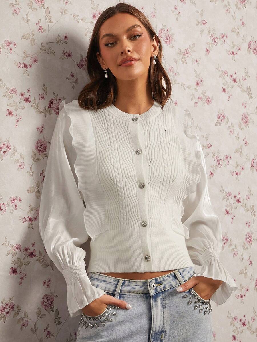 Enchnt Suéteres de mujer casuales, de moda, versátiles y sencillos de manga larga con botones - Blanco - Ver 1
