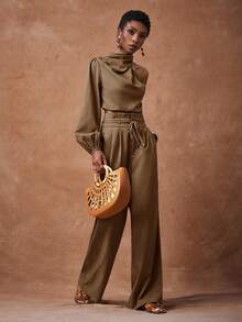 Zivah Bộ đồ hai mảnh nữ mùa hè và thu 2025, áo sơ mi ngắn tay dài cổ bẻ một bên vai màu nâu thanh lịch mới + quần ống rộng cạp cao, đi làm hàng ngày, mua sắm, đi làm, nghỉ mát, thường ngày, thanh lịch, lễ hội, hẹn hò, tốt nghiệp, trang phục ăn trưa, trang phục sân bay - Cà phê nâu - Xem 4