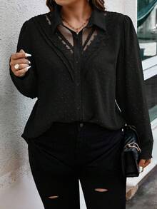 Calvaya 大码女式撞色蕾丝长袖单排扣宽松衬衫 - 黑色 - 查看 1