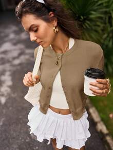 SHEIN BASICS 休闲纯色圆领长袖宽松短款女式毛衣开衫秋冬女装 - 駝色 - 查看 3