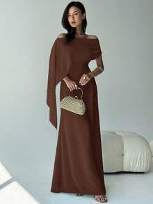 Aloruh Váy suông cổ thuyền lệch vai ôm vừa vặn mới có chi tiết buộc nơ, đa năng cho sinh nhật, tiệc tùng, cocktail, màu xanh lá cây - Cà phê - Xem 8