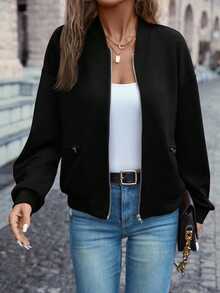 SHEIN Tween 女童休闲黑色拉链开衫夹克，秋冬 - 黑色 - 查看 6