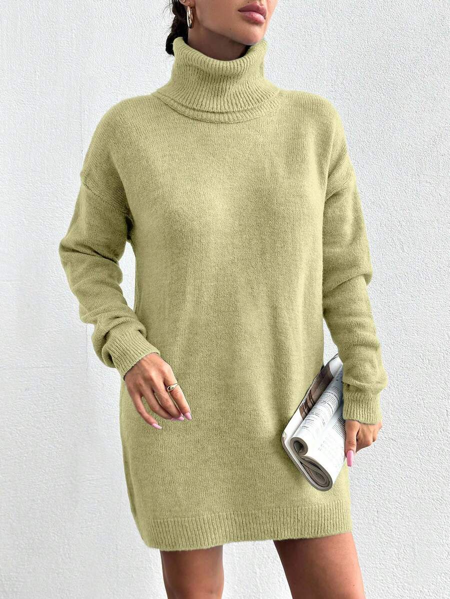 EURMUSE 女式纯色高领落肩长袖休闲宽松针织毛衣连衣裙 - 鵝黃色 - 查看 1