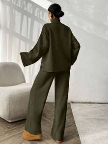 EURMUSE 2pcs Women Solid Color Minimalist Turtleneck Long Sleeve Sweater And Trouser Set, Everyday Wear - Hijau Tentara - View 6