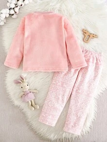 2 件套女童圣诞驯鹿印花双面法兰绒圆领长袖上衣和裤子睡衣套装 - 粉色 - 查看 11