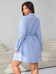 Solflare 2025 New Casual Everyday Dress, Suitable For Outings, Parties, Dates, Holidays And Multiple Occasions, Versatile, Collared, Waist Cinched, Blue & White Striped, Can Be Worn As Outer Or Inner Layer, Plus Size