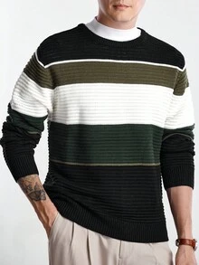 Manfinity CityGents Men's Striped Crew Neck Long Sleeve Casual Pullover Sweater, Autumn/Winter
