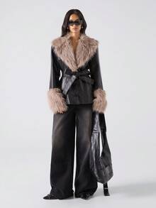 LYSMO 2025秋冬新款简约休闲女式仿毛领长袖PU黑色皮衣常规款外套秋冬外出 - 黑色 - 查看 4