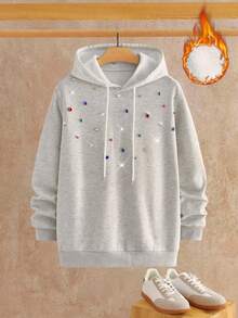 Manfinity VCAY Men's Drawstring Hooded Sweatshirt With Thermal Lining And Rhinestone Decor, Casual For Autumn/Winter - Light Grey - View 3