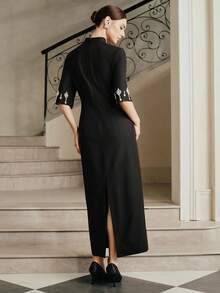 Anewsta Elegant Rhinestone Embellished Midi Dress, Suitable For Fall, Winter, New Year, Party, Wedding - Black - View 3