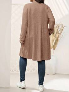 EMERY ROSE Plus Size Casual Ribbed Dual Pocket Front Cardigan, Autumn Fall Clothes Plus Size Plus Size Cardigan Plus Size Winter Clothes Fall Clothes For Women Brown Cardigan - Khaki - View 2