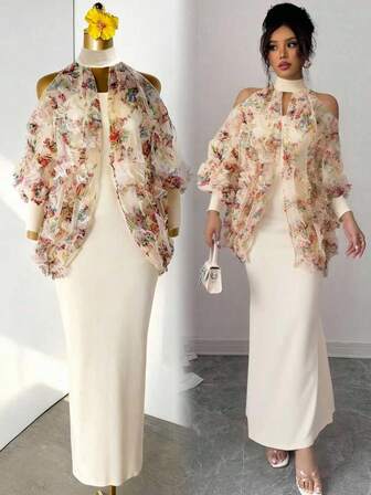 Rafferiza Elegant blommig lapptäcksklänning för kvinnor