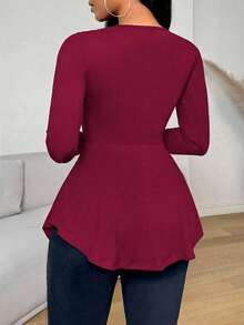 VaVaBold Camiseta de mujer de manga larga con ajuste ceñido y volante en el bajo, color negro sólido, para otoño, con vuelo - Burdeos - Ver 2