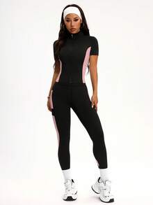 Seamluxe SHEIN Sport 女式休闲运动撞色拉链上衣和裤子套装 - 彩色 - 查看 4