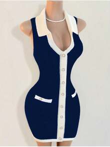 Mistrie 黑白收腰女式毛衣裙，撞色领口迷你针织毛衣裙，休闲性感春夏女装，满足基本旅行需求 - 寶藍色 - 查看 3