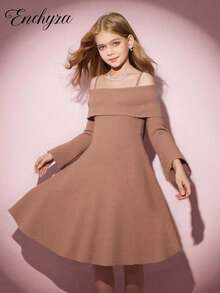 SHEIN Sweater Dress,Christmas,Halloween,Tween Girl Casual Chic Solid Color Cold Shoulder Flare Sleeve Flowy Hem Sweater Dress, Autumn/Winter Brown Dress Kids Tween Brown Dress Tween Girl Dresses Color Cocoa Teen Collar Dress Fall - Khaki - View 1