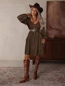 LanaWest Váy ngắn phong cách Bohemian cổ điển màu mơ thời trang cho nữ, tay dài, cạp chun, viền rộng, cổ chữ V khoét rỗng, chắp vá, thu đông - Cà phê nâu - Xem 4