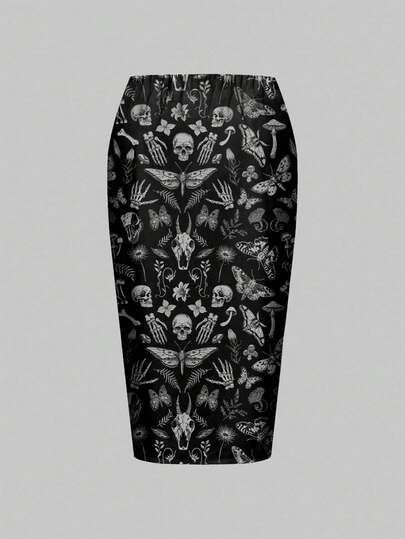 Goth Gothic Dark Horror Mysterious Dark Skull Moth Plant Allover Print Plus Size High Slit Skirt For Halloween