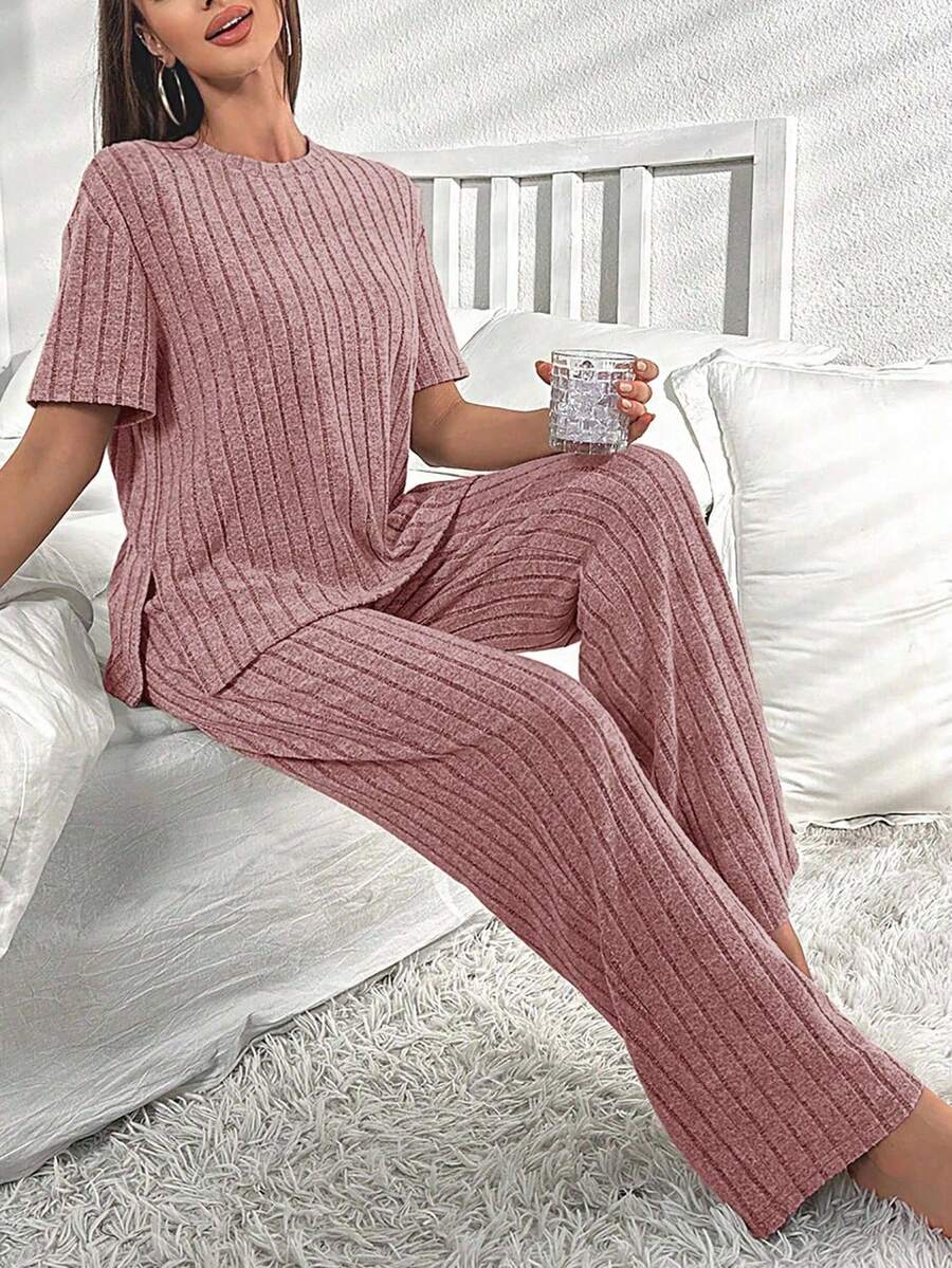 SHEIN Bộ đồ vest thường ngày cổ tròn tay ngắn dệt kim màu trơn và quần dài - Bụi hồng - Xem 1