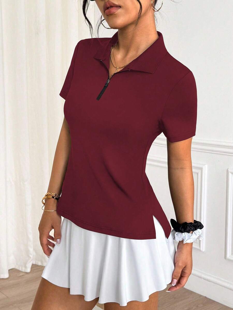 Easithlete 女式纯色半拉链开衩运动短袖 Polo 衫 - 酒紅色 - 查看 1