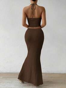 Rafferiza 2pcs/Set Summer Sexy Solid Color Twist Backless Halter Tank Top And Fish Tail Skirt - Brown - View 2