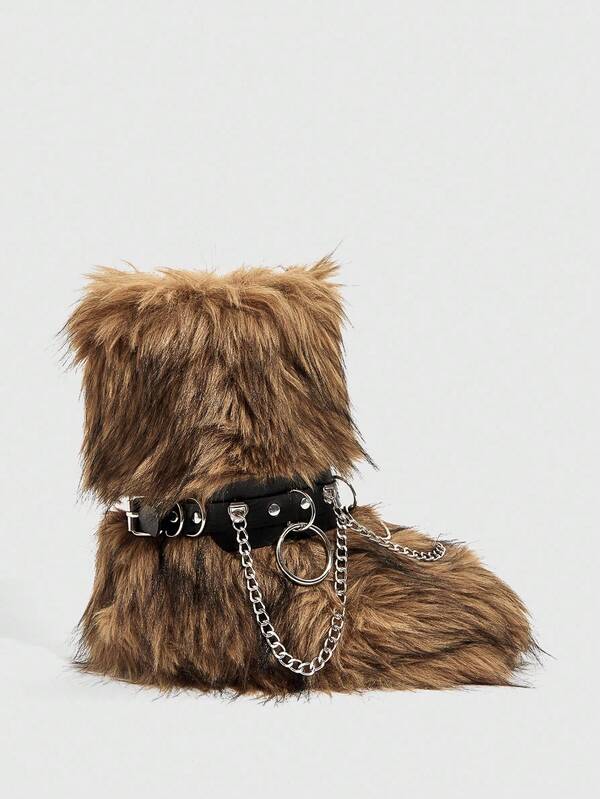 Daringsoles Fashionable Warm Fuzzy Flat Comfortable Boots, Versatile Gothic Style Chain Decor Thick Lining Mid-Calf Snowboots, Non-Slip Slip-On Outdoor