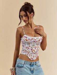 SHEIN BAE Women's Spaghetti Strap Sleeveless Ditsy Floral Fitted Cropped Camisole - Burnt Orange - View 4