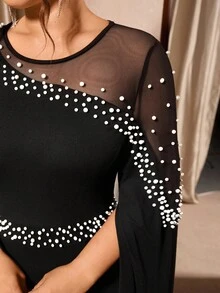 Cravure Đầm lưới xẻ tà thanh lịch cổ tròn tay dài đính ngọc trai sáng bóng cỡ lớn dành cho nữ, thích hợp cho tiệc tùng, dạ tiệc, mùa thu/đông - màu đen - Xem 3