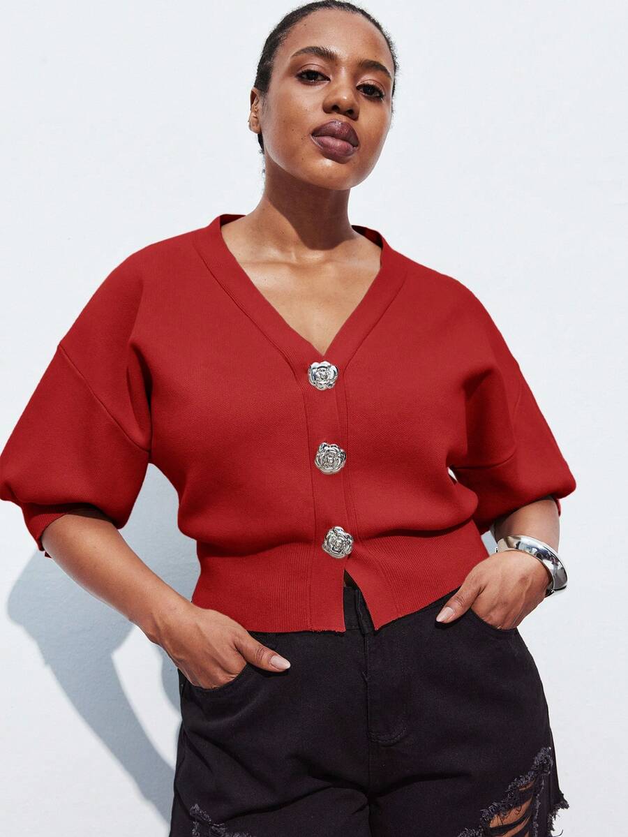 Maija 大码女式 V 领落肩短袖休闲短款开衫针织上衣红色开衫女式短款开衫红色上衣红色衬衫女式加大码秋冬装 - 酒紅色 - 查看 1