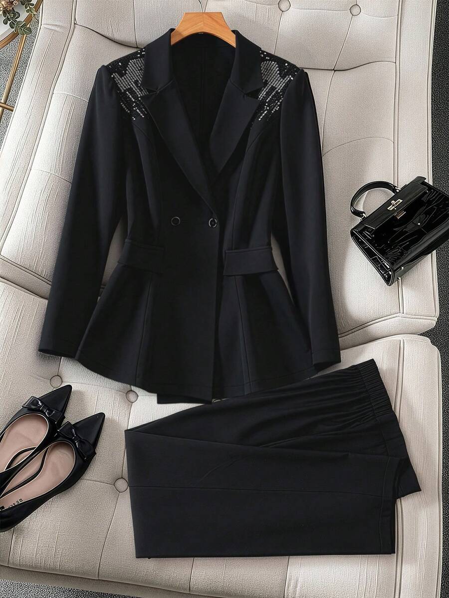 GlowEve CURVE 大码女式串珠刺绣设计西装外套和宽松阔腿裤两件套，时尚通勤、派对、优雅奢华商务休闲装 - 黑色 - 查看 1