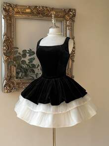 Lovelzi Women's Elegant Luxury Black & White Contrast Off-Shoulder Velvet Ruffle Bodycon Mini Dress,Suitable For Gala,Exhibition,Business Events,Party - Multicolor - View 3