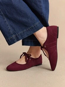 Rosivie Women's New Black Round Toe Flat Shoes, Elastic Leather Fashion Ballet Flats, Comfortable Non-Slip Outsole Suitable For Outdoor, Daily Commute, Spring/Summer For Christmas - Burgundy - View 5