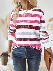 SHEIN LUNE Women Crew Neck Long Sleeve Striped Casual Top Graphic Tees Women Tops For Spring - Multicolor - View 1