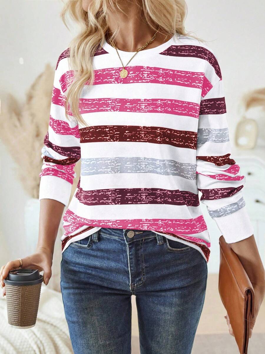 SHEIN LUNE Women Crew Neck Long Sleeve Striped Casual Top Graphic Tees Women Tops For Spring - Multicolor - View 1