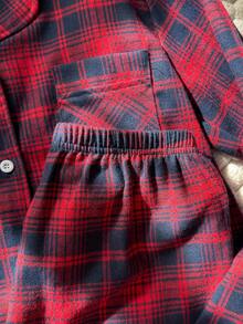 SHEIN Vintaside Kids 优雅简约勃艮第格子和海军蓝口袋设计开衫和裤子休闲家居服套装，适合少女 - 紅色 - 查看 3