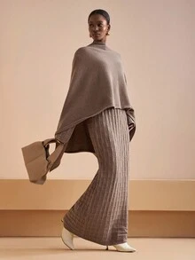 Zivah Winter New Styles, Christmas, New Year, Wedding Season, Valentine's Day, Birthday Parties, Graduation Season, Daily Outings, Basic, Versatile, Casual Vacation, Cruise Travel, Casual Elegance, Commuting, Street European Style, Simple Style, Women's Holiday Outfits, Cape, Shawl + Round-Neck Long-Sleeved, Checkered H-Shaped Long Dress, Khaki Suit, Women's Sweater Two-Piece Set - Brown - View 3