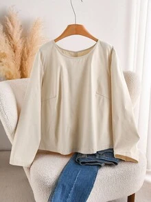 CosyJoli Plus Size Casual Bowknot Back Round Neck Pullover Shirt Fall - Apricot - View 2