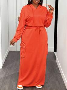 Slaydiva 秋冬新款音乐节、复活节、生日派对、日常休闲、度假、邮轮旅行、海滩、日光浴，时尚橙色长袖连帽衫和工装口袋裙加大码两件套 - 橘色 - 查看 6