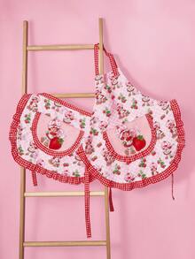 Strawberry Shortcake X SHEIN 1 Pc Cute Lace Strawberry Print Half Apron, Suitable For Cooking And Baking,Gift Ideas - Pink - View 4