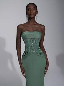 Elitara Elegant Gray-Green Gorgeous Beaded Sequined Satin Stitching Tube Top With Mesh Waist, See-Through Waist, Slimming Pleats, Fishtail Train. Suitable For Wedding Events, Autumn And Winter Party Dresses, Wedding Guests, Women's Luxury Evening Dress, Halloween And Christmas Dress.