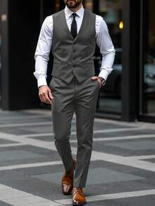 Manfinity Mode Men's Single-Breasted Casual Sleeveless Waistcoat And Suit Pants Business Formal Set - Dark Grey - View 1