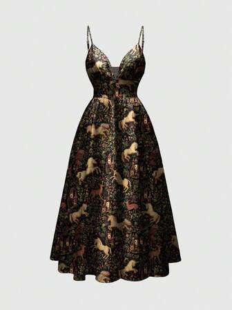 Fairycore Romantisches Hirsch-Muster ärmelloses, tief ausgeschnittenes, sexy Kleid, Herbst/Winter