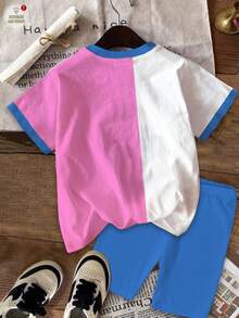 SHEIN 2 件套年轻女孩休闲可爱卡通蓝色蝴蝶结兔子，针缝图案拼布短袖 T 恤和短裤套装，适合夏季 - 彩色 - 查看 3