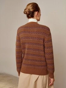 SHEIN LUNE 女式 V 领修身常规提花设计圣诞百搭优雅针织开衫，秋冬 - 彩色 - 查看 4