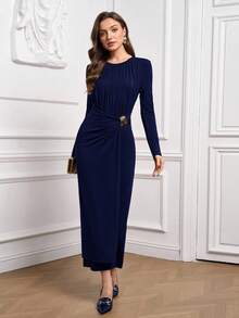 Ellevyn Váy dài dệt kim xếp ly trang trí kim loại không tay thanh lịch cho nữ - Màu xanh hải quân - Xem 10