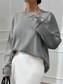 EURMUSE 女士双袖纽扣细节超大号冬季厚毛衣，温暖触感 - 灰色 - 查看 5