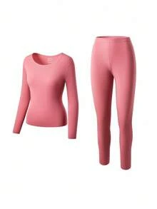 LUVLETTE 女士保暖内衣超柔软底层寒冷天气温暖冬季睡衣套装圆领上衣和长裤 - 棕红色轻盈保暖套装