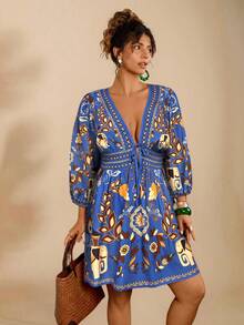 Travachic Plus Size Vintage Style Printed Deep V-Neck Long Sleeve Dress - Blue - View 5