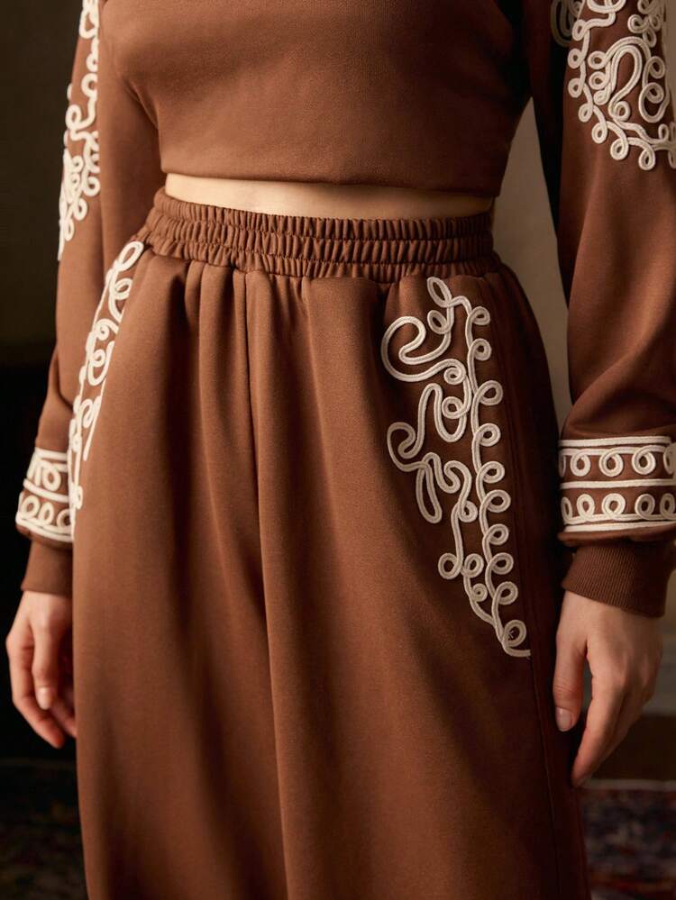 Vintage Heavily Embroidered Rope Pattern Loose Comfortable Casual Women's Sweatpants