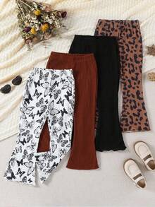 SHEIN 4pcs Young Girl Casual Multi-Color Butterfly & Leopard Print, Solid Color Versatile Flared Pants, Suitable For Spring & Autumn - Multicolor - View 4